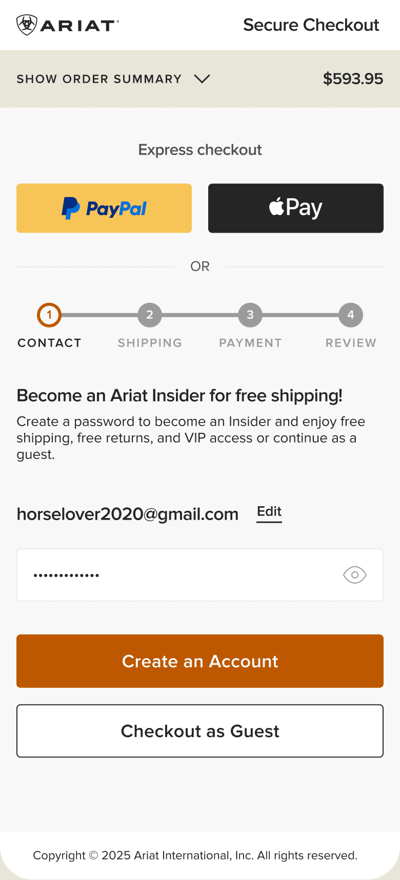 Ariat checkout account-creation screen with an equally visible guest option