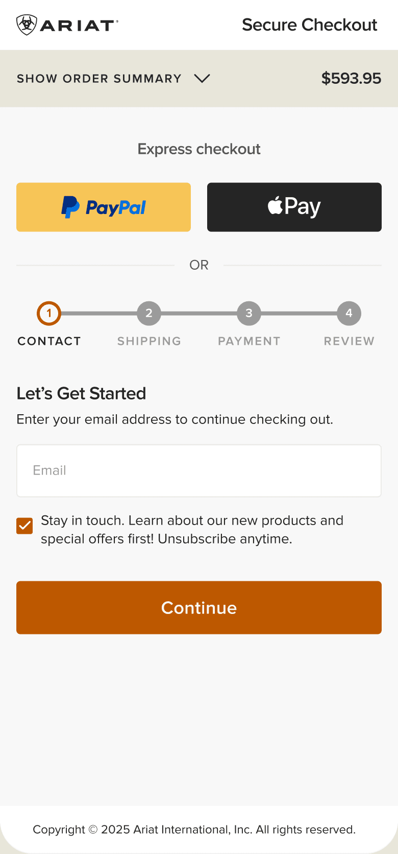 Ariat checkout email entry screen for identifying the right account path