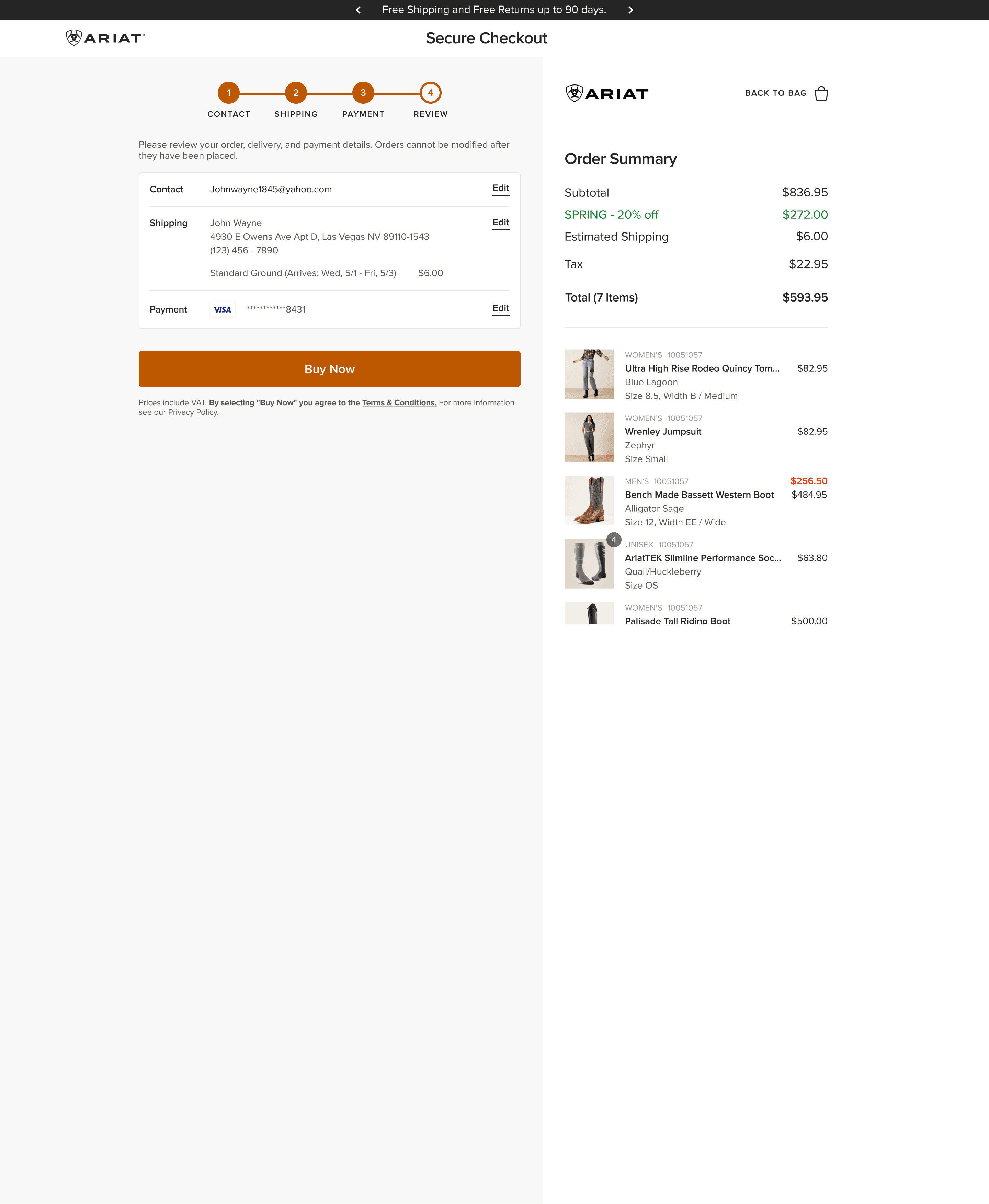 Ariat desktop checkout review step with editable contact, shipping, and payment summary