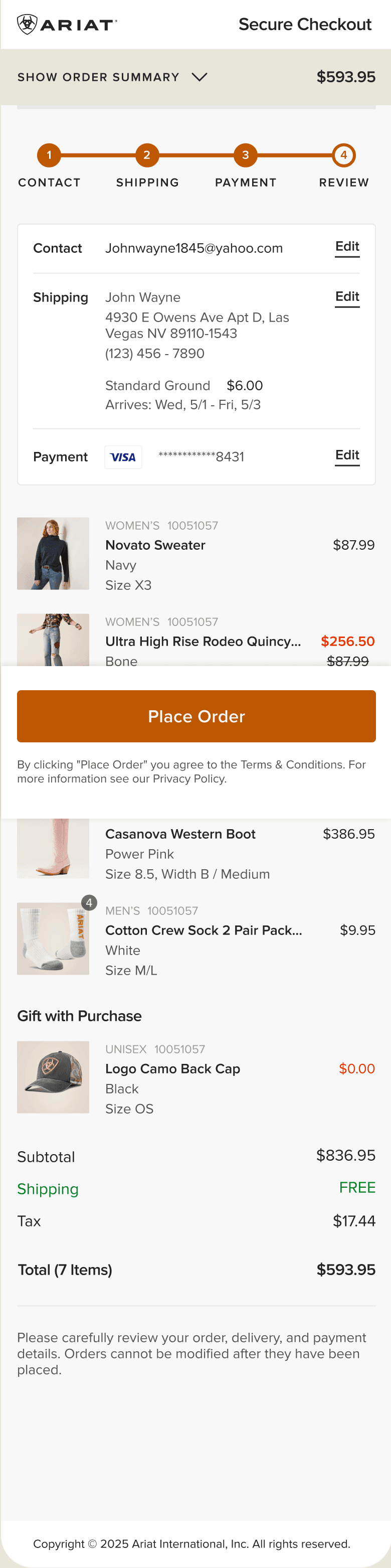 Ariat mobile checkout review step with order details and purchase action