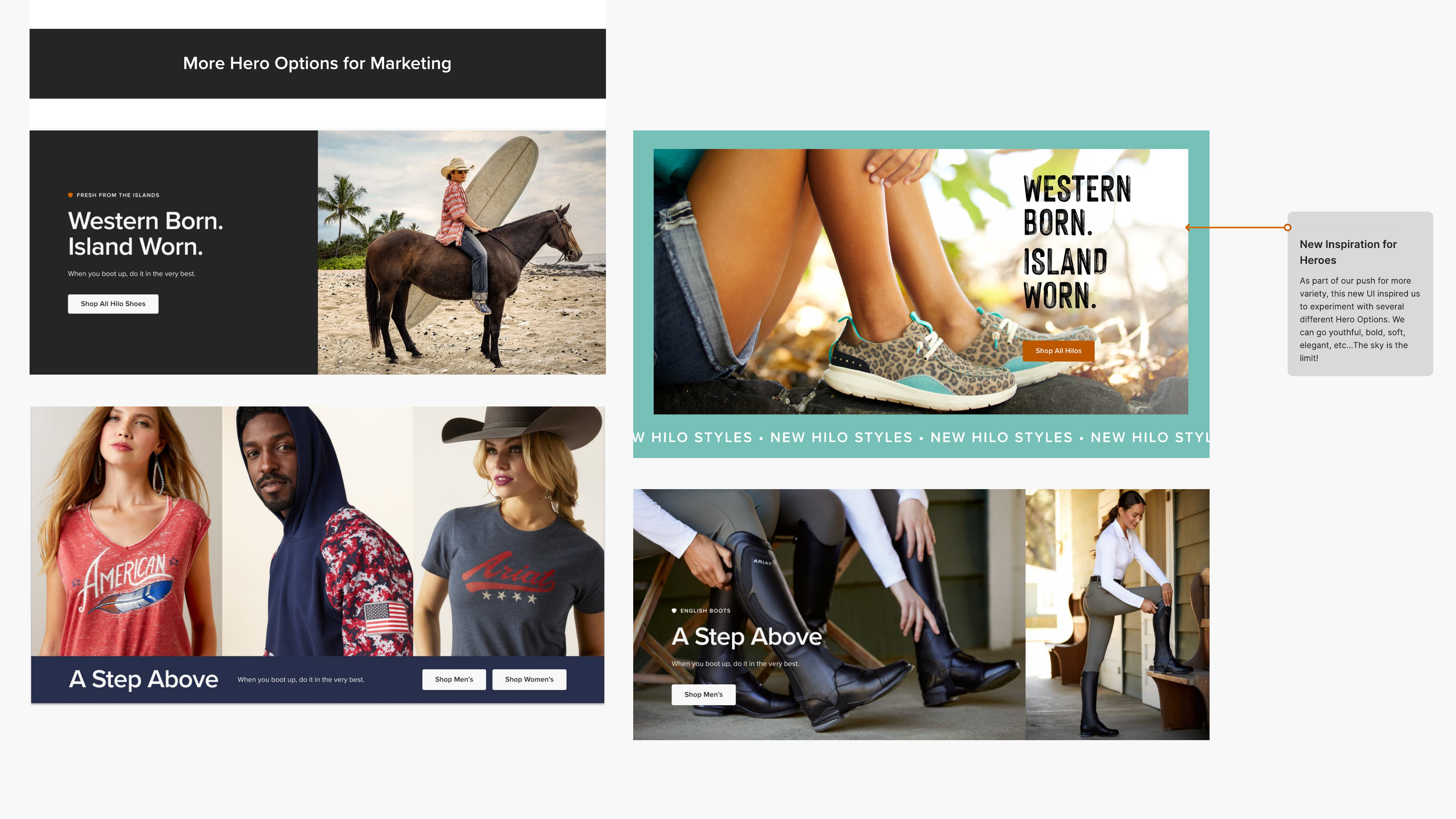 A range of Ariat homepage hero treatments across product and brand campaigns