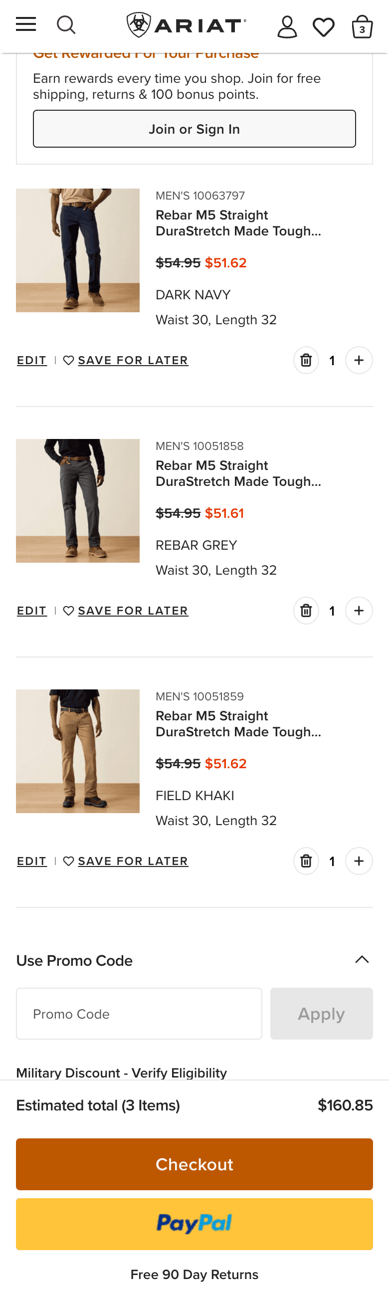 Ariat bag showing all three configured bundle products and the three-item total