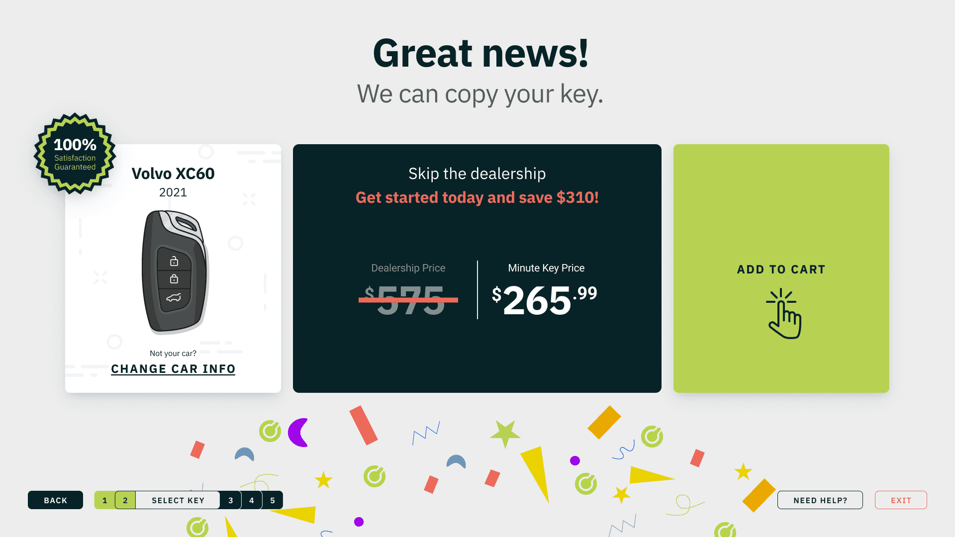 MinuteKey smart-key confirmation screen comparing dealership and kiosk pricing