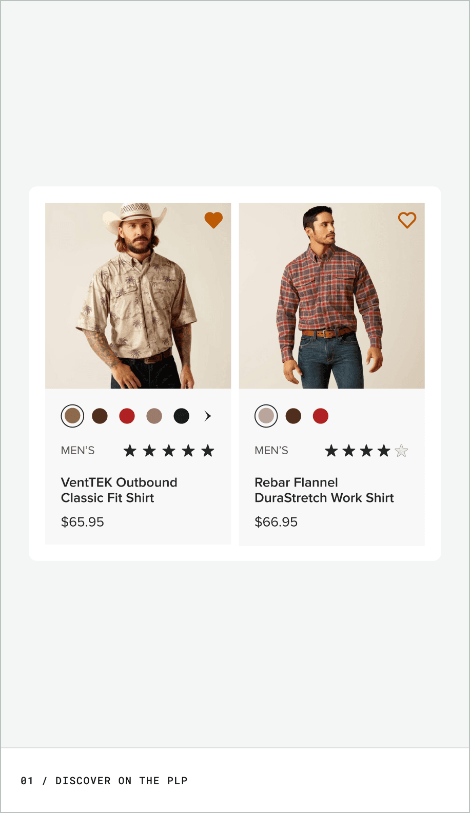 Discover on the PLP: Save for Later shown directly on Ariat product cards