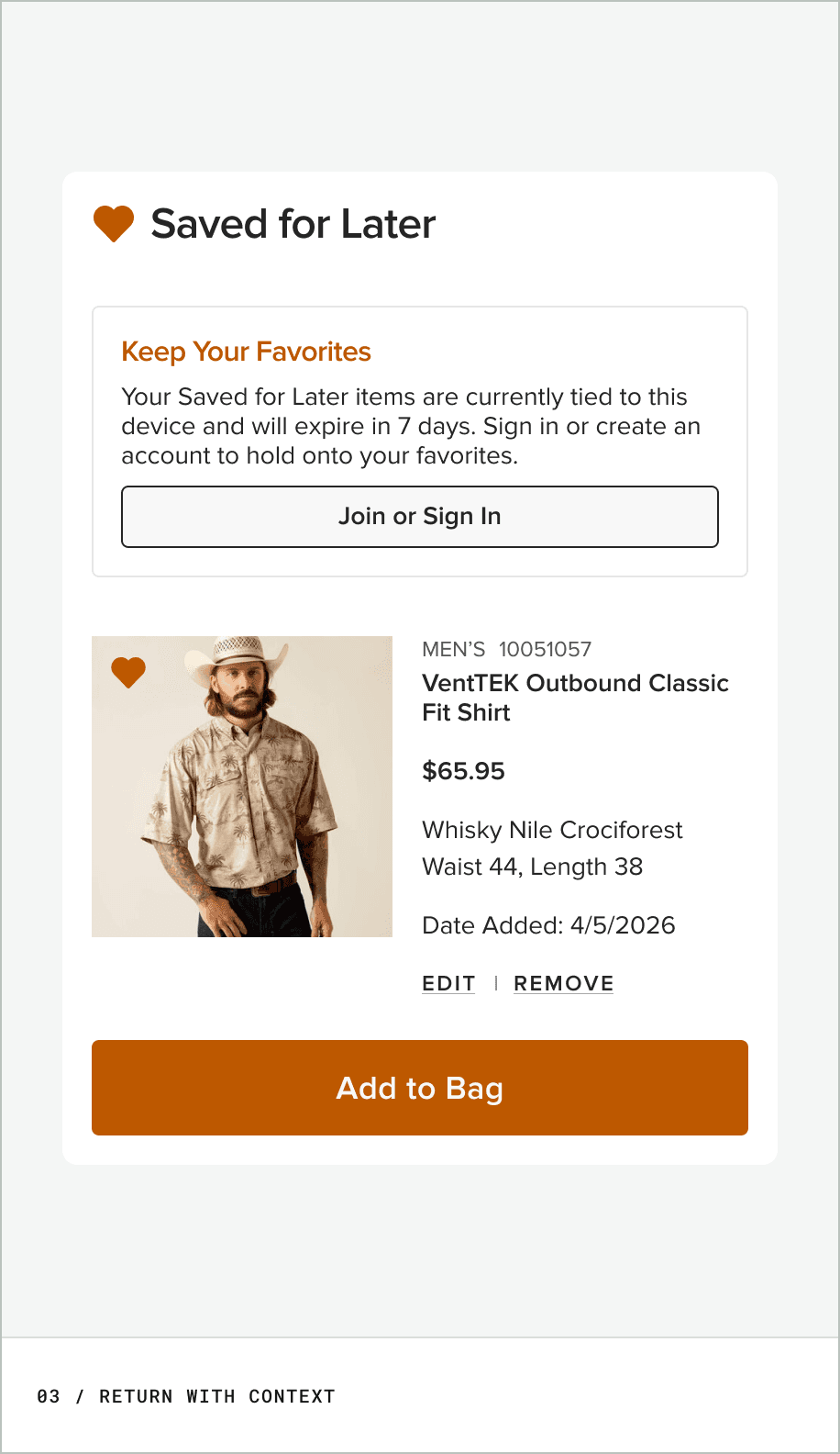 Return with context: a saved product retained with its details and Add to Bag action