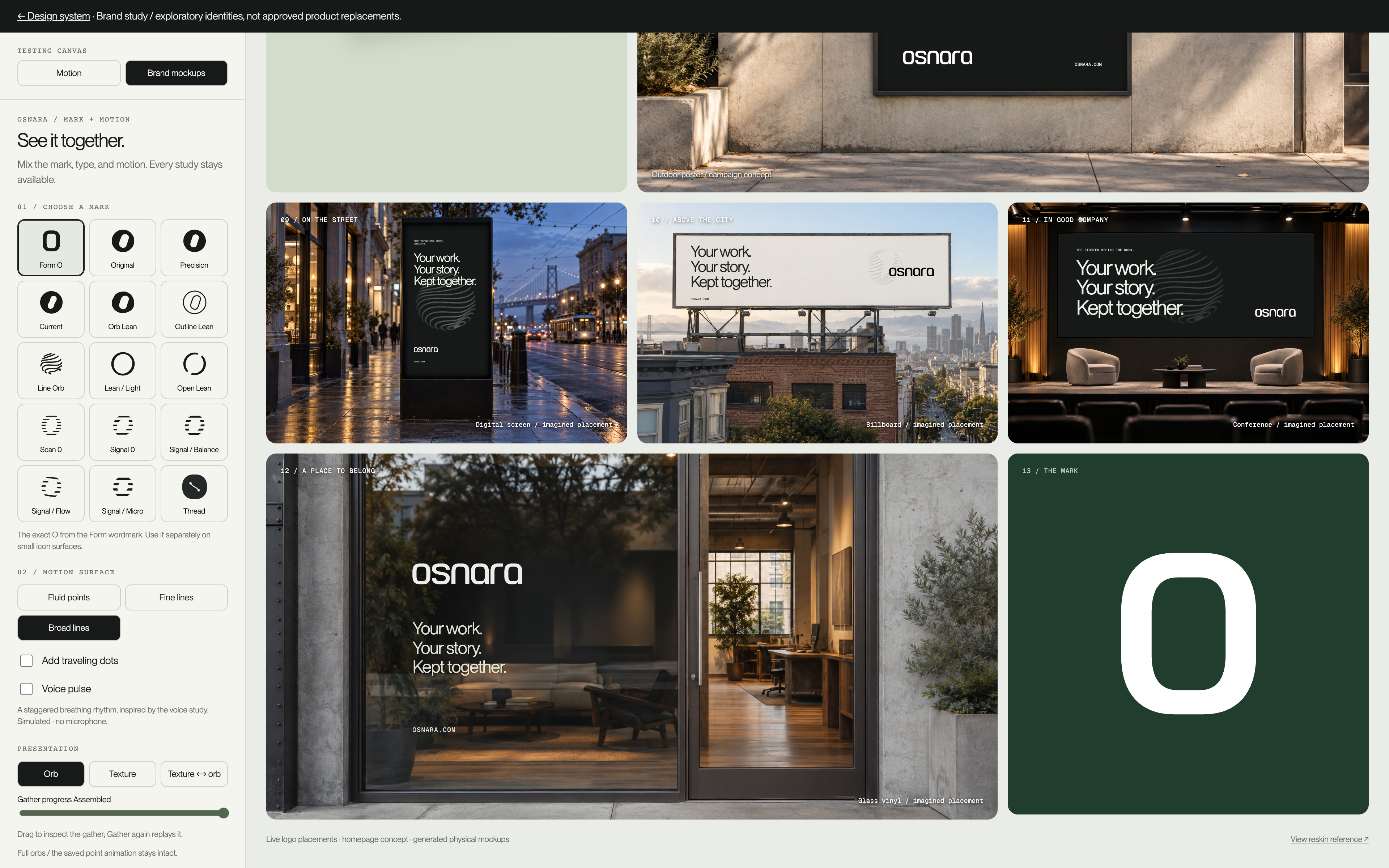 The actual Brand Explorer with identity controls and application mockups.